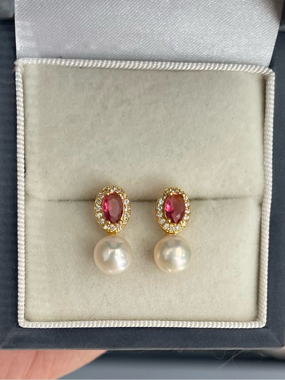Freshwater Pearl Drop Earrings with Ruby-Red Accents 925 silver posts
